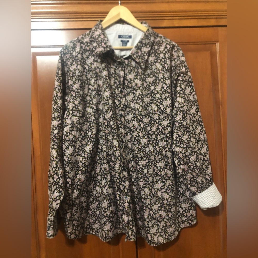 Chaps Black Small Flower Print Long Sleeve Blouse Size 3X